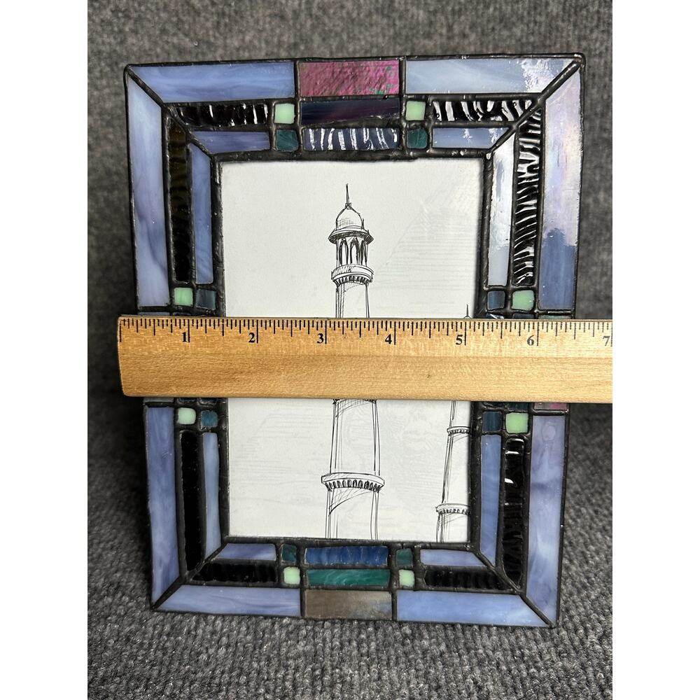 Vintage stained glass picture frame 4x6 Dale Tiffany blue iridescent coastal - Picture 10 of 10